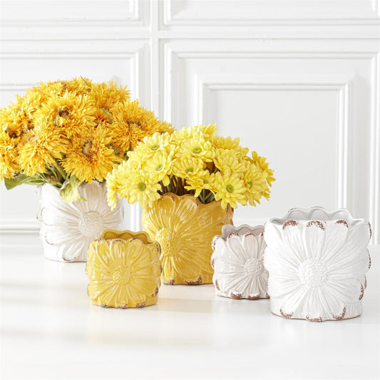 Distressed White Ceramic Sunflower Pots - Large