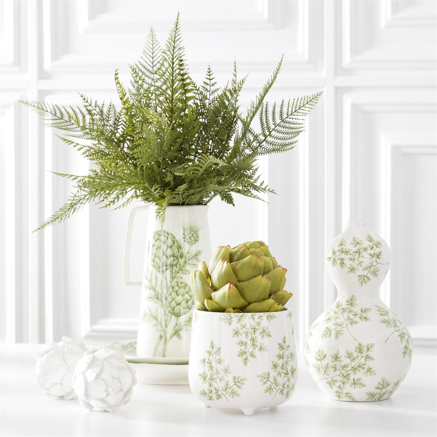 White Dolomite Pitcher w/Green Artichokes