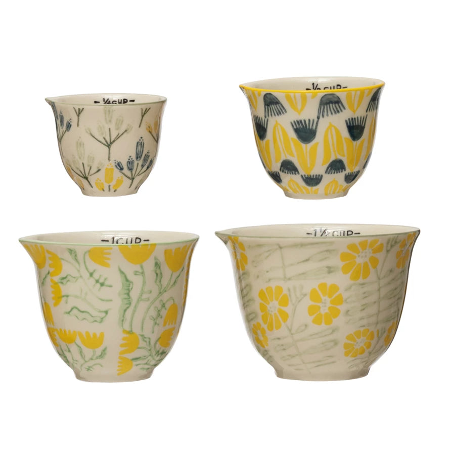 Hand Stamped Stoneware Measuring Cups w/ Flowers