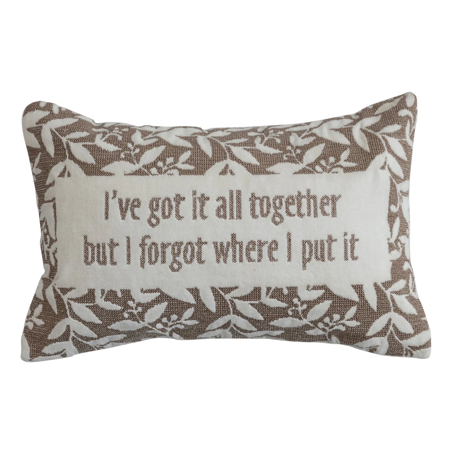 Cotton Velvet Embroidered Lumbar Pillow w/ Botanical Pattern