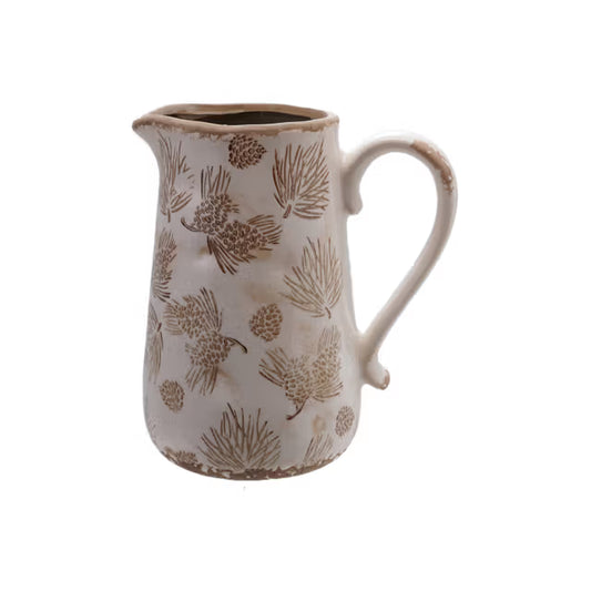 Decorative Stoneware Pitcher/Vase w/ Evergreen Boughs & Pinecones